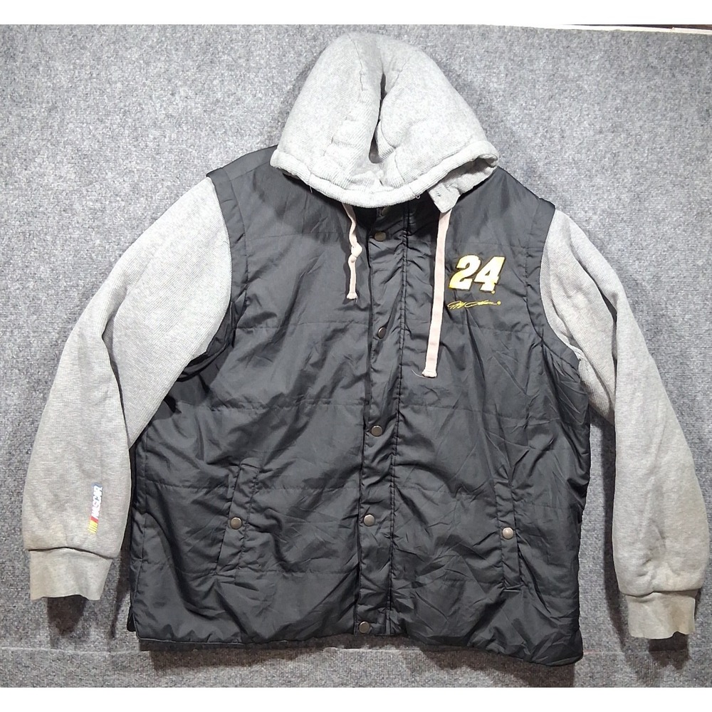 NASCAR Jeff Gordon 24 Hendrick Motorsport Jacket Mens XXL Black Grey Puffer Hood
